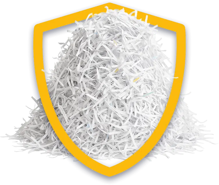 cumulo di pezzi di documenti dopo distruzione con icona scudo per la sicurezza